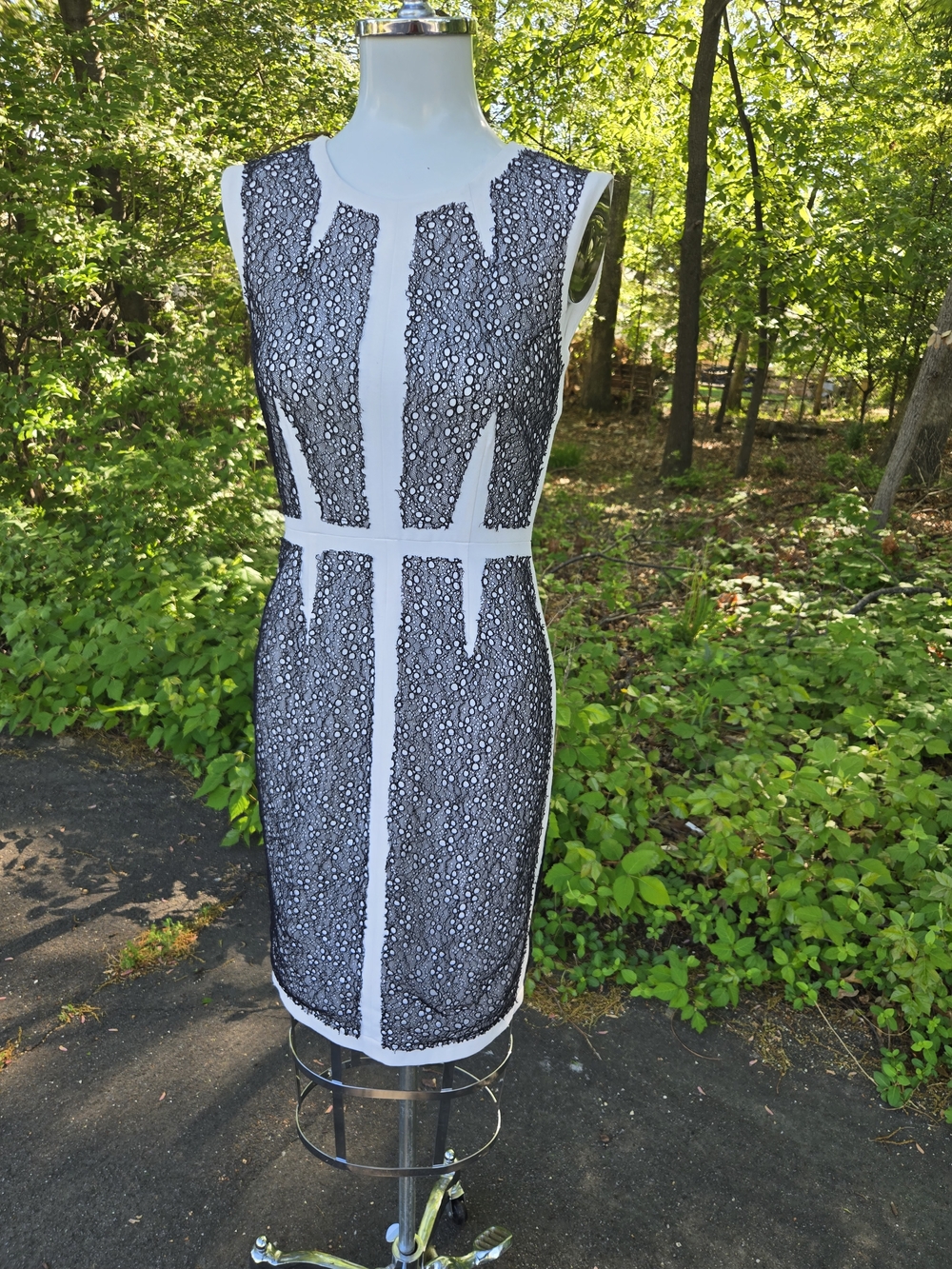 BCBGMaxAzria Black & White Lace-Trim Midi Dress